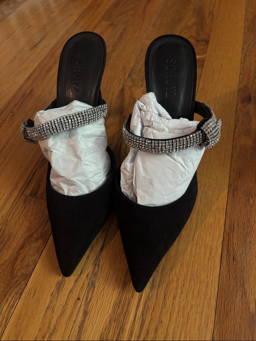 SCHUTZ Black Pointed Suede Mules with Crystal Buckle Strap Size 8